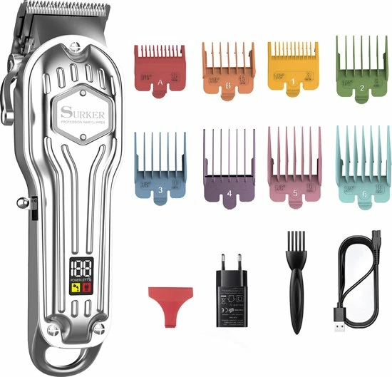 SURKER Professionele Draadloze Tondeuse - Tondeuse Mannen Hoofdhaar - Hair Clipper - Haartondeuse - 8 Opzetkammen - Zilver 3 SURKER Professionele Draadloze Tondeuse - Tondeuse Mannen Hoofdhaar - Hair Clipper - Haartondeuse - 8 Opzetkammen - Zilver