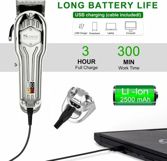 SURKER Professionele Draadloze Tondeuse - Tondeuse Mannen Hoofdhaar - Hair Clipper - Haartondeuse - 8 Opzetkammen - Zilver 7 SURKER Professionele Draadloze Tondeuse - Tondeuse Mannen Hoofdhaar - Hair Clipper - Haartondeuse - 8 Opzetkammen - Zilver - Afbeelding 5