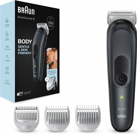 Braun Body Groomer 3 BG3350 - Tondeuse Pour Le Corps - Avec Sabot Pour Zones Sensibles - Noir/Gris 5 Braun Body Groomer 3 BG3350 - Tondeuse Pour Le Corps - Avec Sabot Pour Zones Sensibles - Noir/Gris - Afbeelding 3